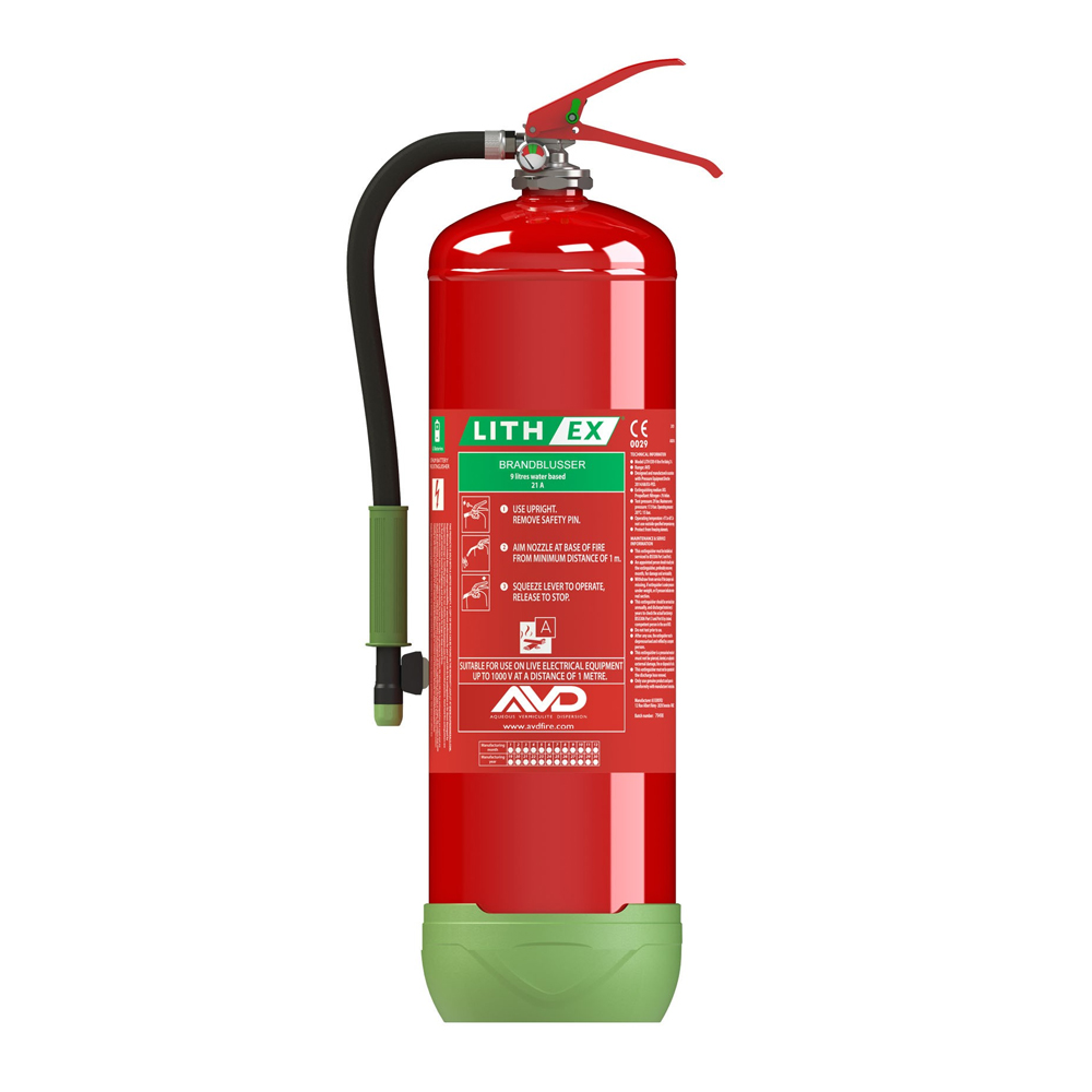 SG00199 Lithium-Ex AVD brandblustoestel 9 liter D (constante druk) Een lithium batterij brandblusser is speciaal ontwikkeld voor het blussen van lithium batterijen. Onze AVD-brandblusser is hiervoor uitermate geschikt. Deze bevat de stof lithex-AVD en heeft een speciaal blussend vermogen. Eén van de beste blusmiddelen voor het blussen en onder controle houden van brandende lithium batterijen.