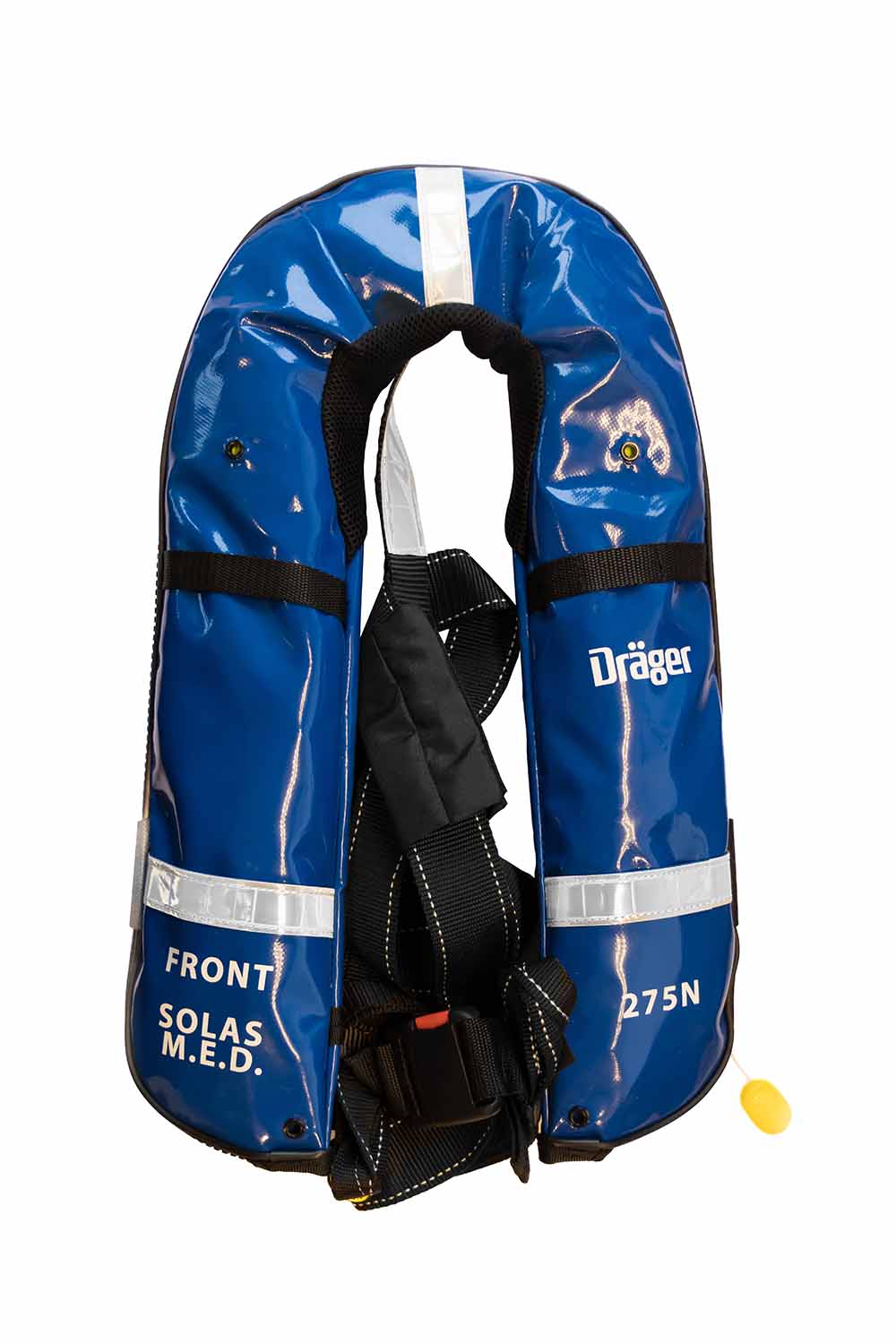 SG05495 Dräger Life Jacket 275N SOLAS standard Inflatable life jacket for adults. Approved and certified according to SOLAS MED, double compartment floating chamber with case made in high quality cover. Equipped with Buddy System. Double Automatic and Manual Activator (DAAM). Equipped with harness certified according to ISO 12401 and frontal safety D-ring. Smart, functional and comfortable donning. Designed for the maximum freedom and mobility on board during the manoeuvres in navigation.