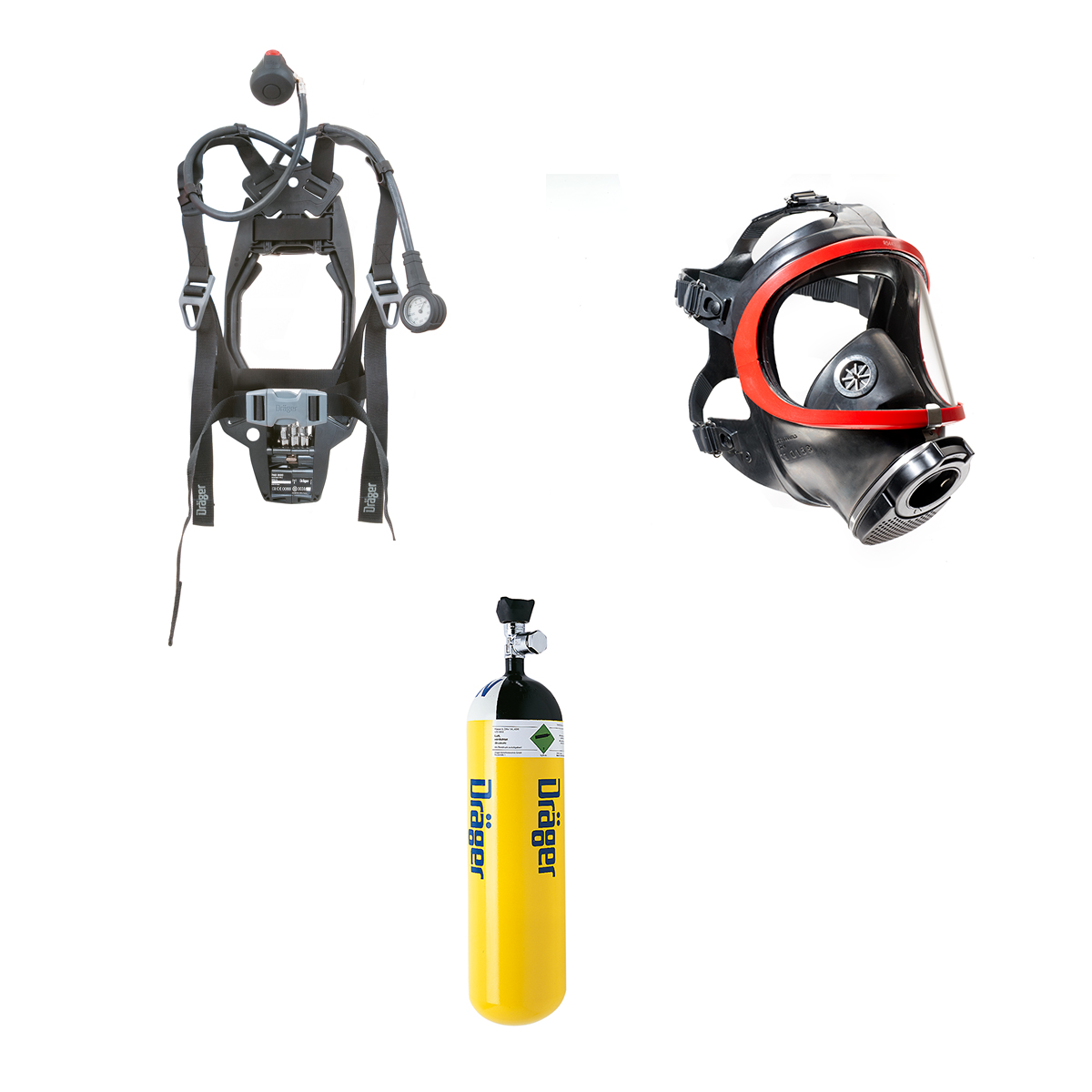 SETNEMAD3 Deze ademluchtset bestaat uit:
- Dräger: PAS Lite SCBA (3357774)
- Dräger: Panaroma Nova EPDM-PC-Pvolgelaatsmasker (R54450)
- Dräger: Cilinder staal 6 liter 300 bar c/w in-line G5/8&quot; EFV Valve (3355002)